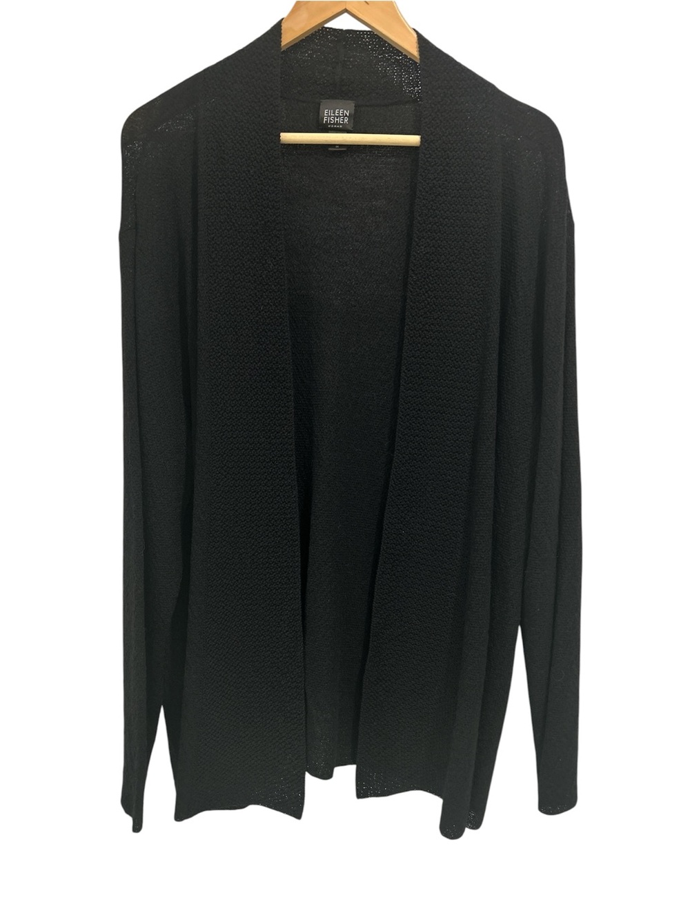 Eileen Fisher Woman 100% Italian Yarn Wool Open Front Cardigan Sweater in Black